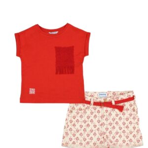 Conjunto short estampado, blusa crochet