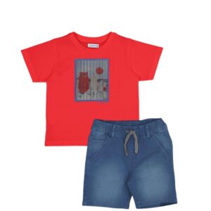 Conjunto short mezclilla, playera cuadro