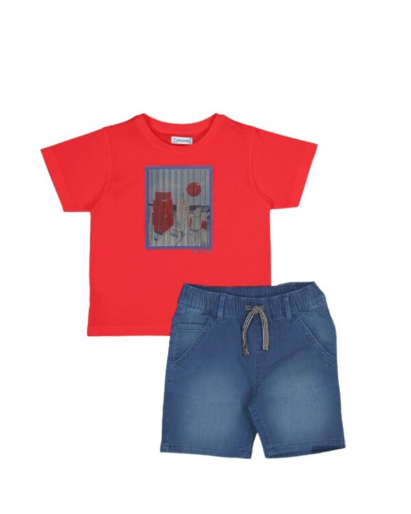 Conjunto short mezclilla, playera cuadro