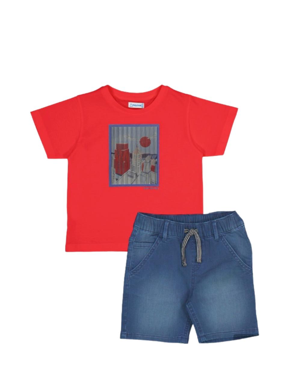 Conjunto short mezclilla, playera cuadro