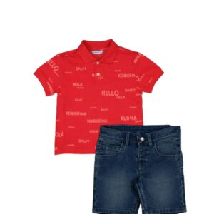 Conjunto short mezcilla, playera polo hello