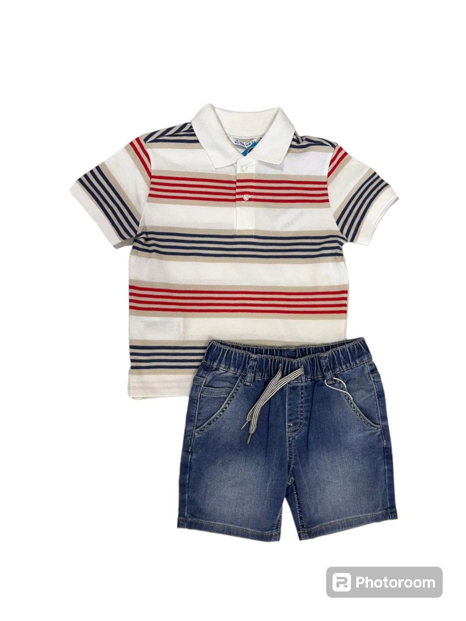 Conjunto short mezclilla, playera polo rayas
