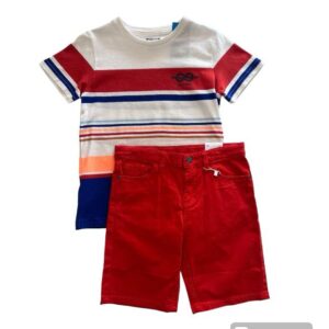 Conjunto short sarga rojo playera rayas