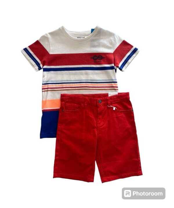Conjunto short sarga rojo playera rayas