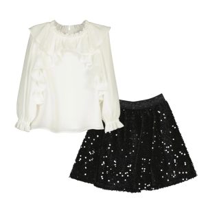 Conjunto falda lentejuela b/gasa olanes