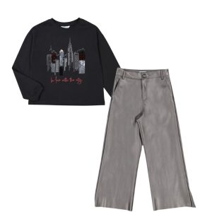 Conjunto pantalón polipiel b/edificios lentejuelas