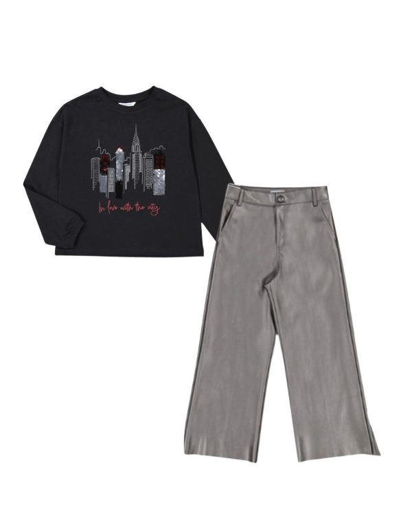 Conjunto pantalón polipiel b/edificios lentejuelas