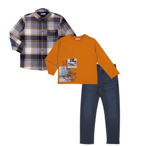 Conjunto 3 pzas camisa ,playera cuadro city y pantalón