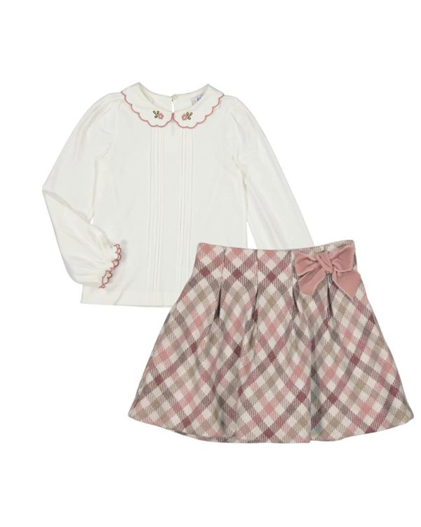 Conjunto falda cuadros b/cuello bordado