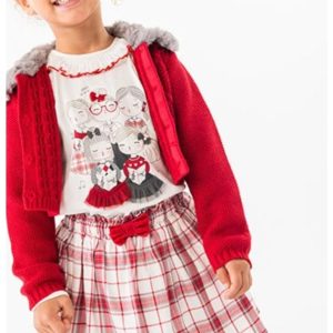 Conjunto 3 pzas falda cuadros suéter pelo