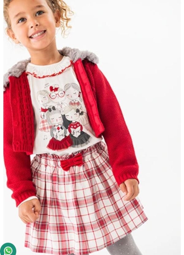 Conjunto 3 pzas falda cuadros suéter pelo