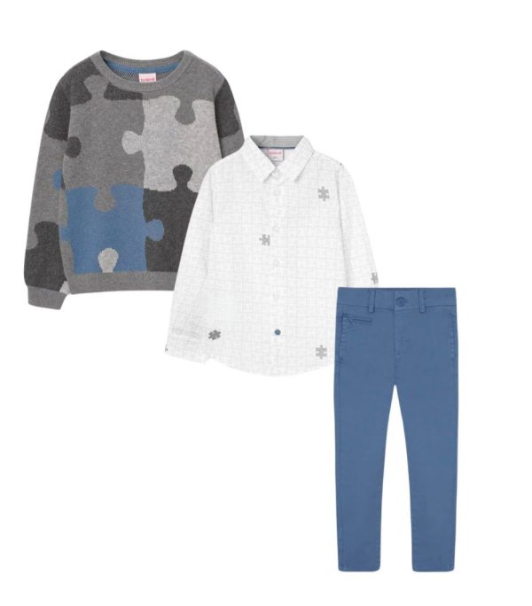 Conjunto 3 pzas pantalón ,camisa y suéter rompecabezas